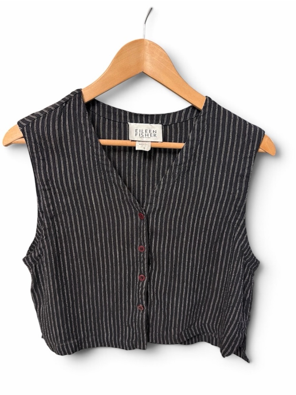 Eileen Fisher New York Black Striped Linen Rayon Button Front Vest Top Size S